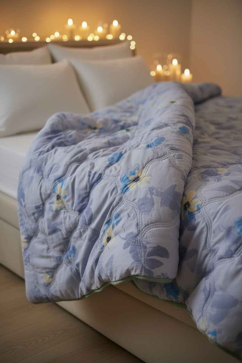 Blue Floral Double Bed Comforter | Lightweight Summer Quilted Bedding
