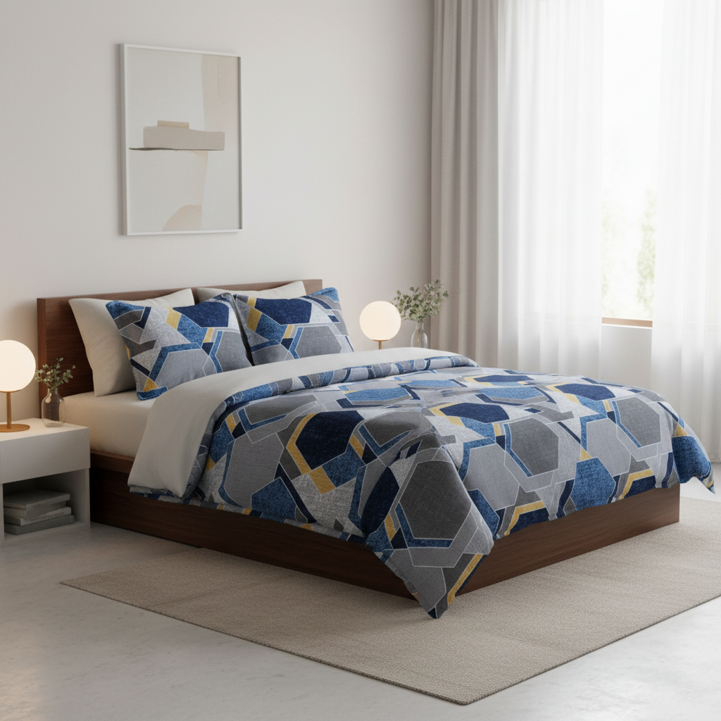 Bedsheet with Pillow Covers | Navy Blue Yellow Diamond with Premium Packing