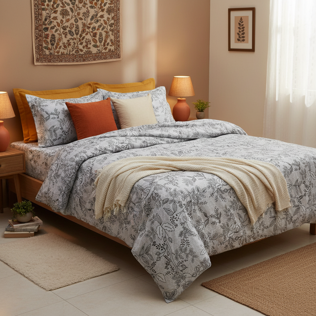 Premium Botanical Leaf Pattern Bedsheet Set - Grey & White with Pillow Covers - Queen Size