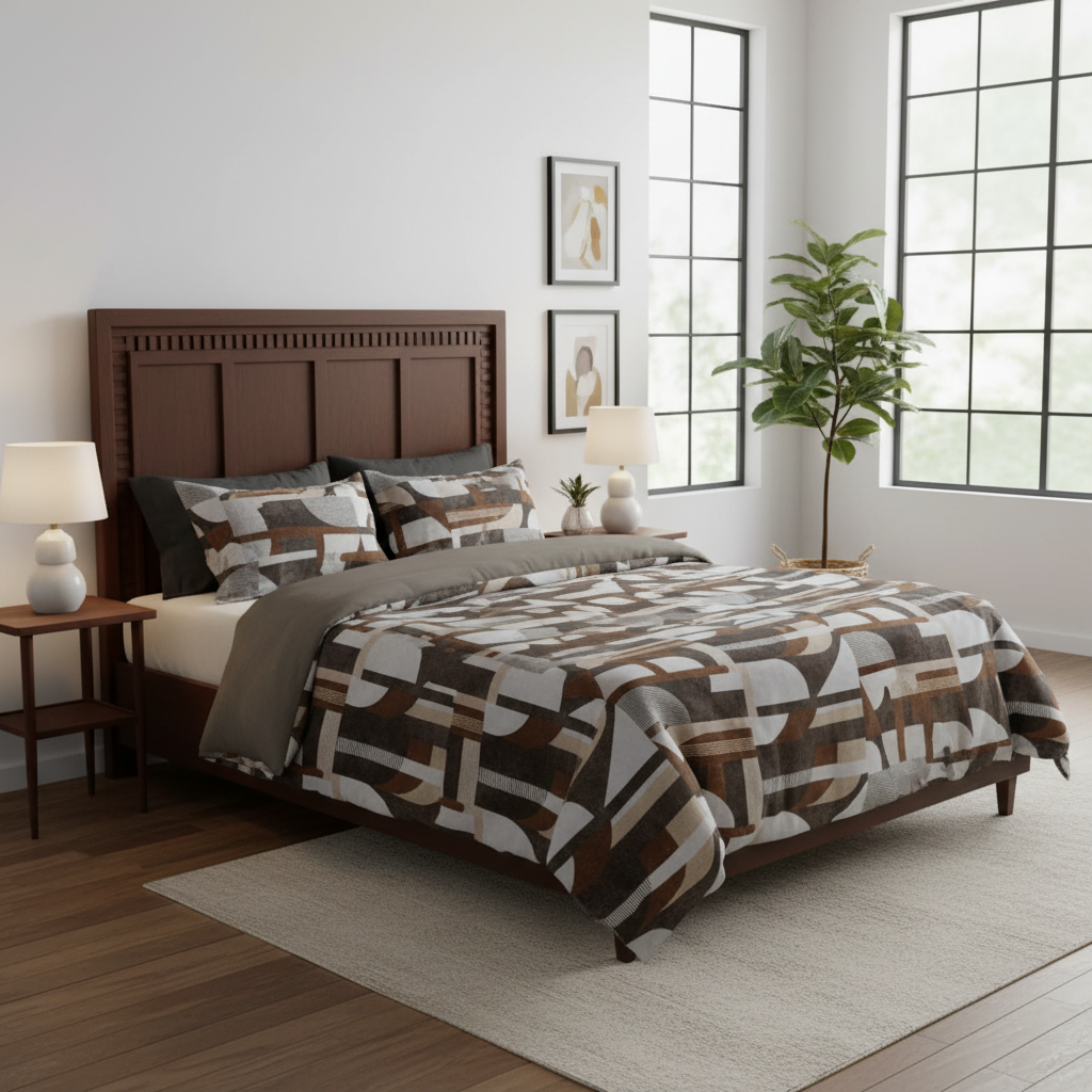 Geometric Bedsheet with Pillow Covers - Beige Brown Striped Pattern with Premium Packing