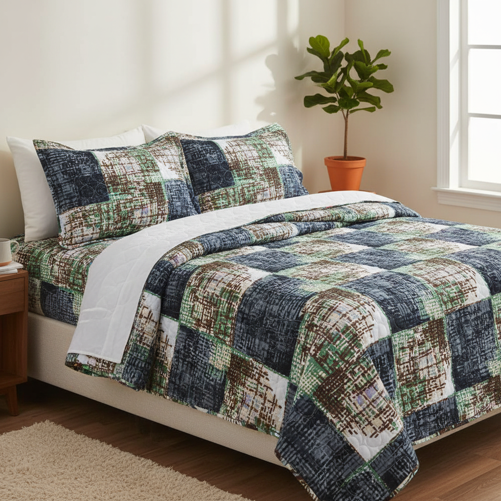 Queen Size Geometric Checkered Bed Sheet Set | 90x100 Inches | 2 Quilted Pillow Covers