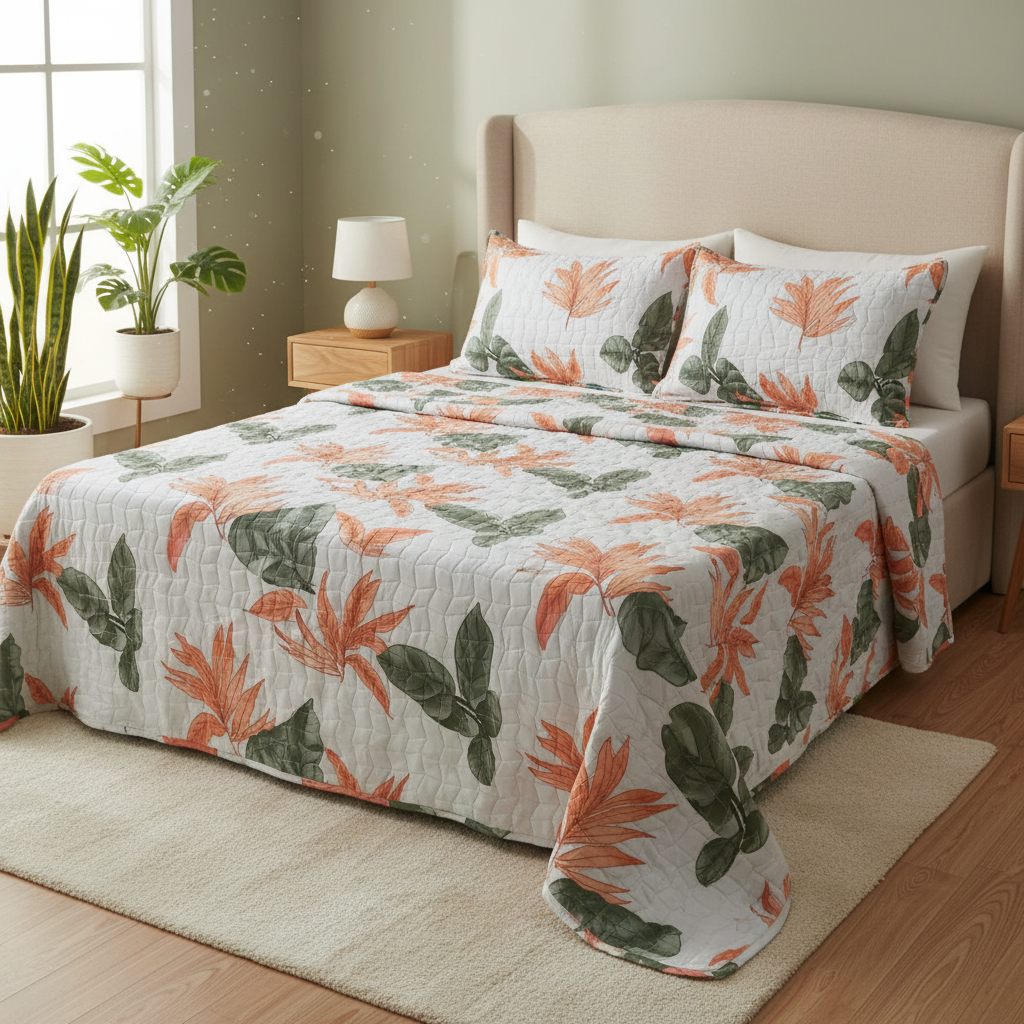 Queen Size Tropical Botanical Bed Sheet Set | 90x100 Inches | 2 Quilted Pillow Covers