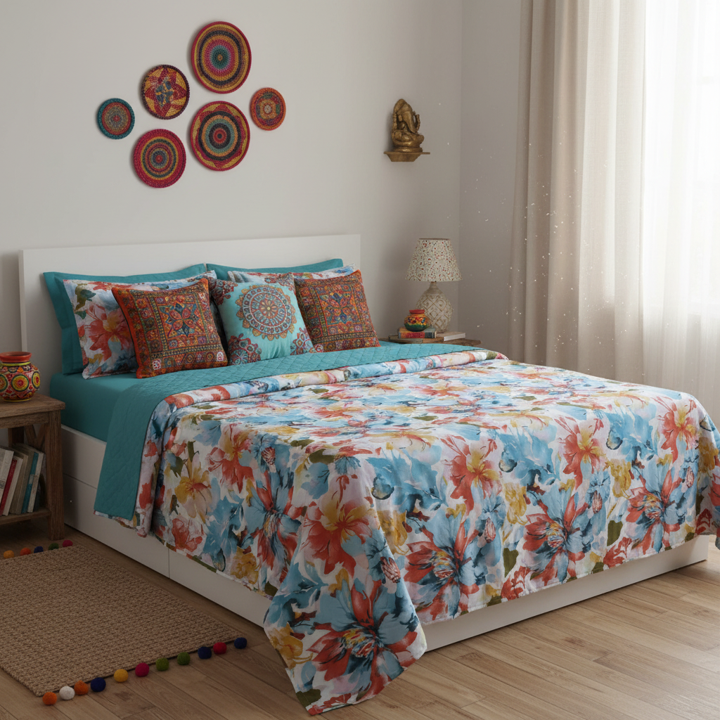 Vibrant Watercolor Floral Bedsheet Set - Blue Coral Yellow Pink Design with Pillow Covers - Queen Size