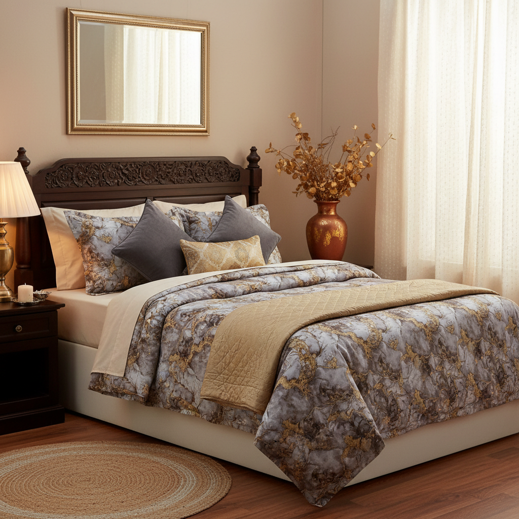 Luxury Grey Gold Watercolor Floral Bedsheet Set - Elegant Abstract Design with Pillow Covers - Queen Size