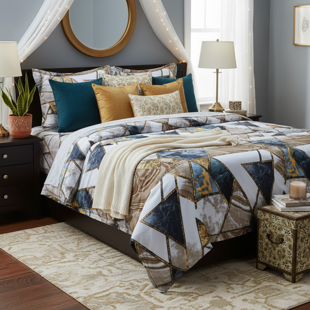 Luxury Geometric Marble Bedsheet Set - Navy Blue Gold Beige Agate Design with Pillow Covers - Queen Size