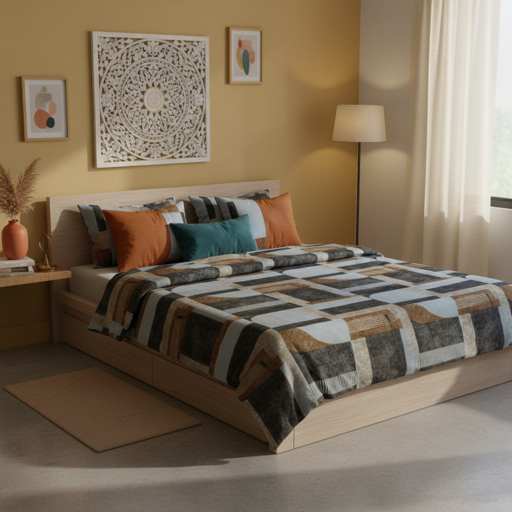 Modern Geometric Abstract Bedsheet Set - Grey Blue Brown Striped Design with Pillow Covers - Queen Size