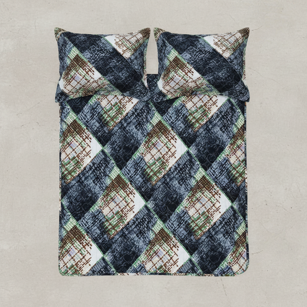 Queen Size Geometric Checkered Bed Sheet Set | 90x100 Inches | 2 Quilted Pillow Covers