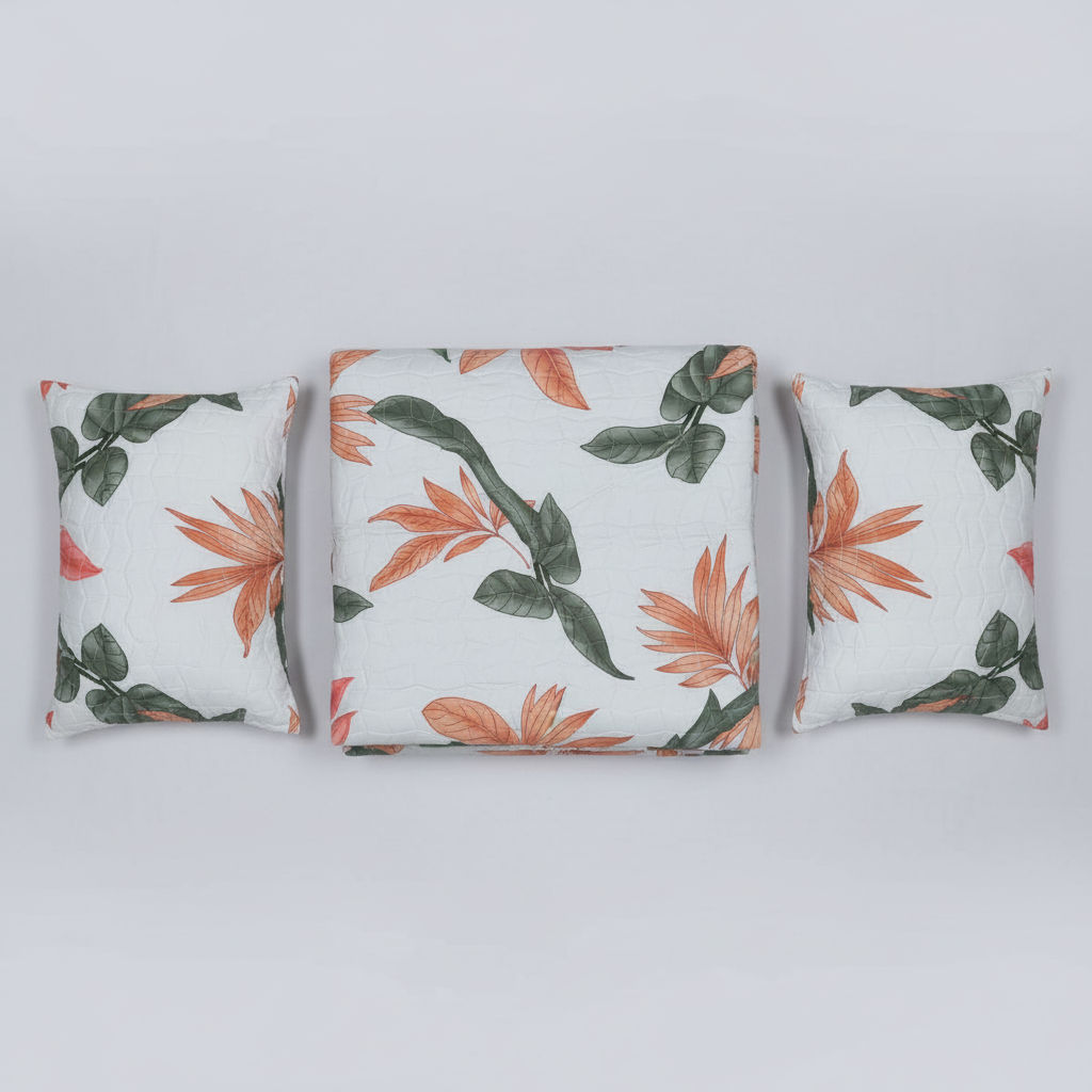 Queen Size Tropical Botanical Bed Sheet Set | 90x100 Inches | 2 Quilted Pillow Covers