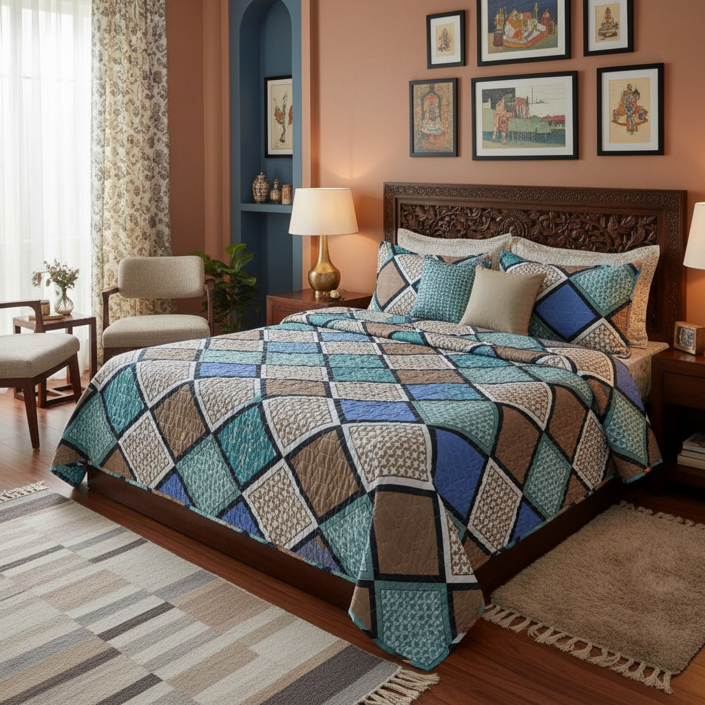 Queen Size Geometric Hexagon Bed Sheet Set | 90x100 Inches | 2 Quilted Pillow Covers