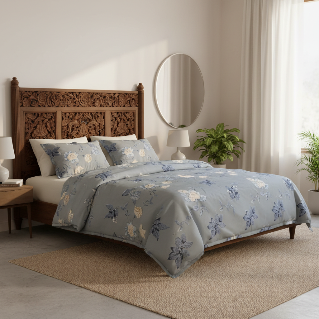 Premium Floral Bed Sheet Set - Grey with Cream Blue Bird & Flower Design with Pillow Covers - Queen Size
