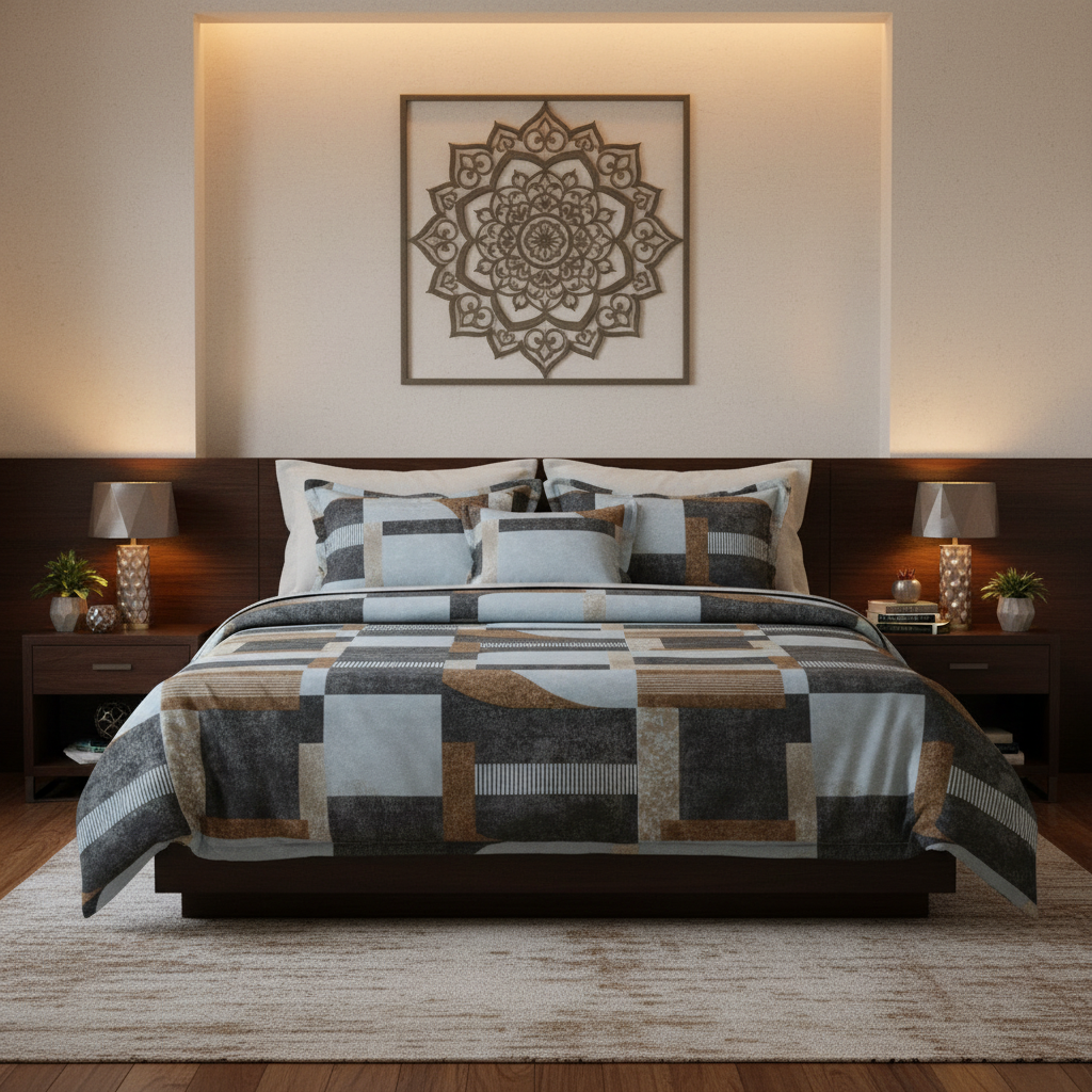 Modern Geometric Abstract Bedsheet Set - Grey Blue Brown Striped Design with Pillow Covers - Queen Size