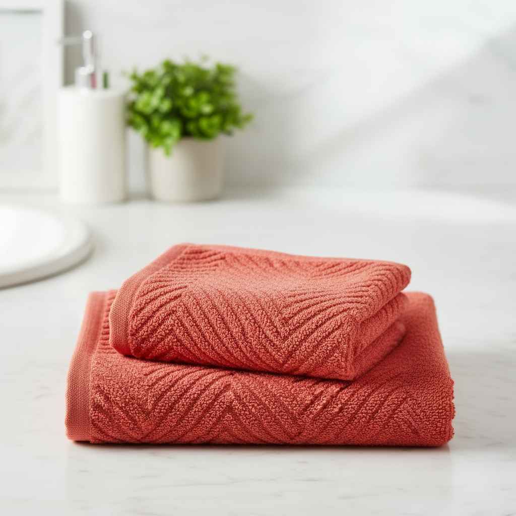 Premium Coral Terracotta Cotton Face Towel – 12 x 12 inch | Chevron Texture Wash Cloth