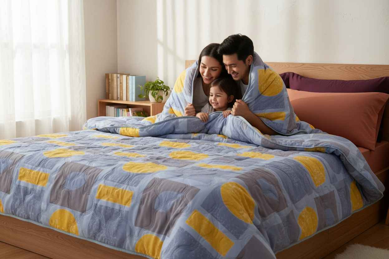 Blue Grey & Yellow Geometric Double Bed Comforter | Modern Quilted