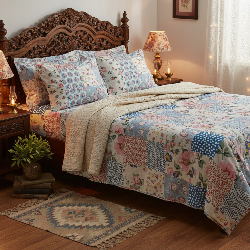 Premium Patchwork Floral Bedsheet Set - Cottage Style Pink Blue Polka Dots with Pillow Covers - Queen Size