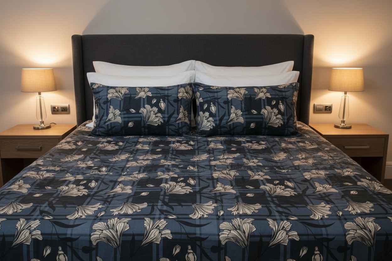 Navy Plaid Lily Floral Bedsheet Set — Dark Blue & Ivory