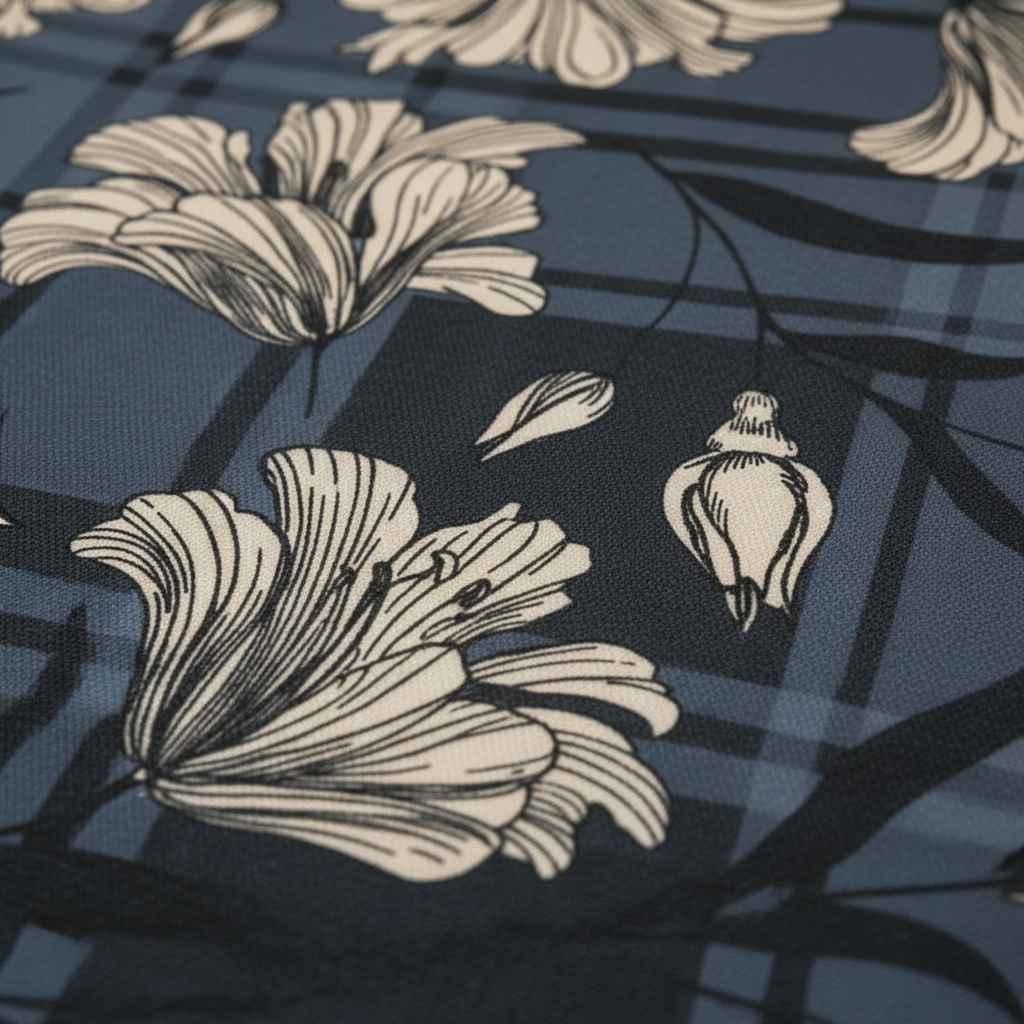 Navy Plaid Lily Floral Bedsheet Set — Dark Blue & Ivory