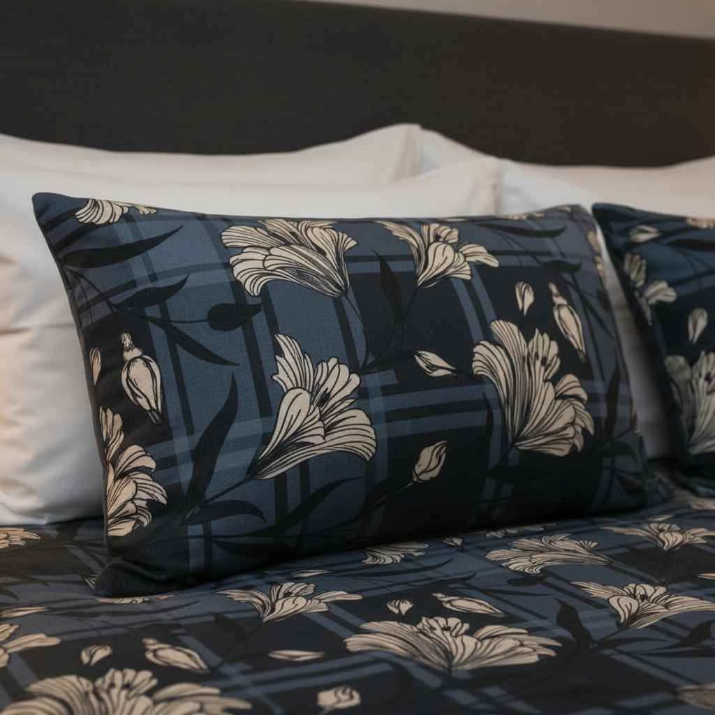 Navy Plaid Lily Floral Bedsheet Set — Dark Blue & Ivory