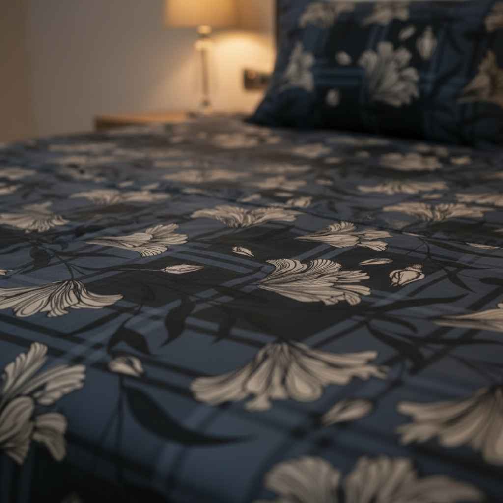 Navy Plaid Lily Floral Bedsheet Set — Dark Blue & Ivory