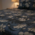 Navy Plaid Lily Floral Bedsheet Set — Dark Blue & Ivory