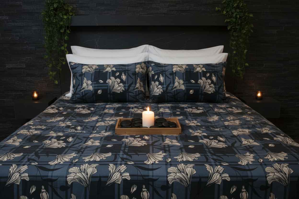 Navy Plaid Lily Floral Bedsheet Set — Dark Blue & Ivory