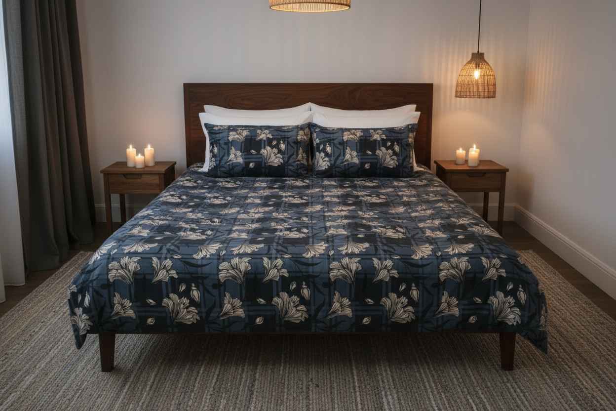 Navy Plaid Lily Floral Bedsheet Set — Dark Blue & Ivory