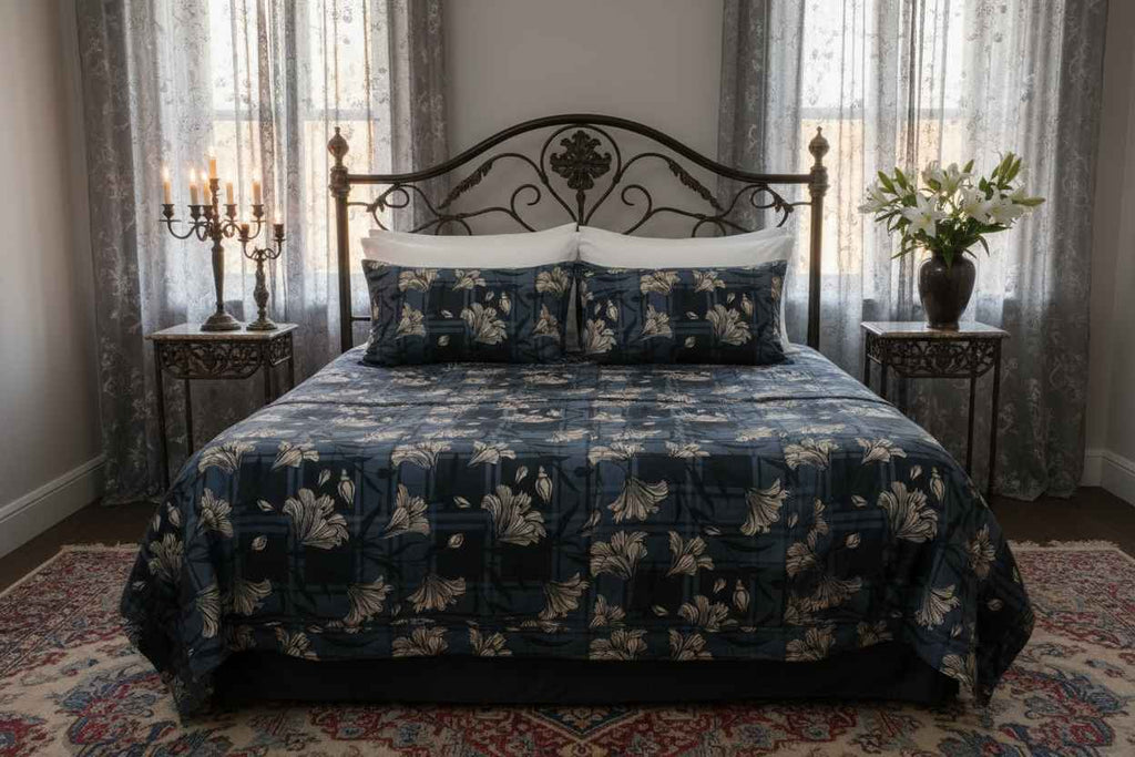 Navy Plaid Lily Floral Bedsheet Set — Dark Blue & Ivory