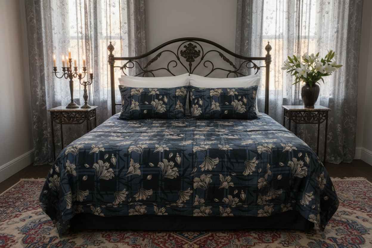 Navy Plaid Lily Floral Bedsheet Set — Dark Blue & Ivory