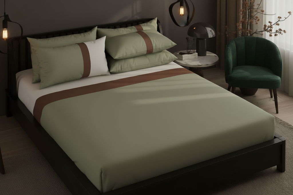 Olive Luxe Bedsheet Set – Sage Green & Mocha Brown Stripe