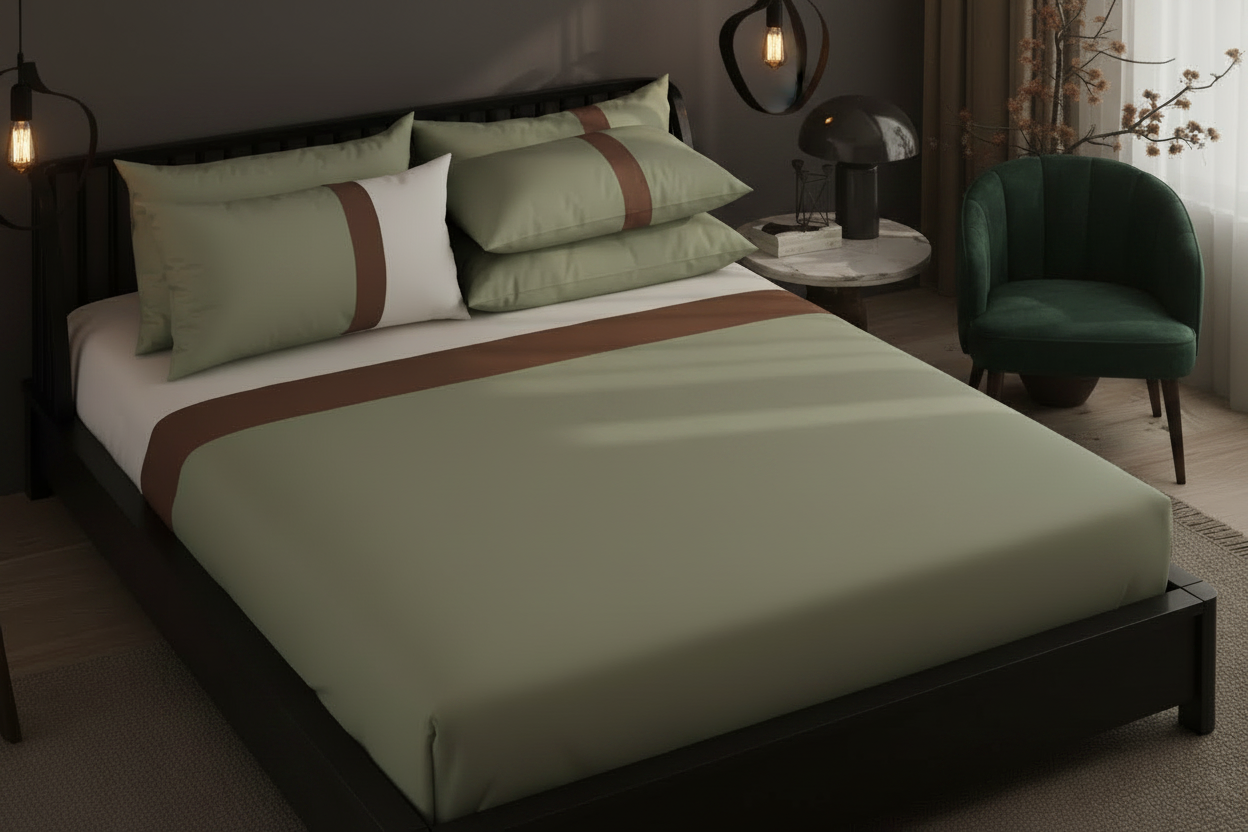 Olive Luxe Bedsheet Set – Sage Green & Mocha Brown Stripe