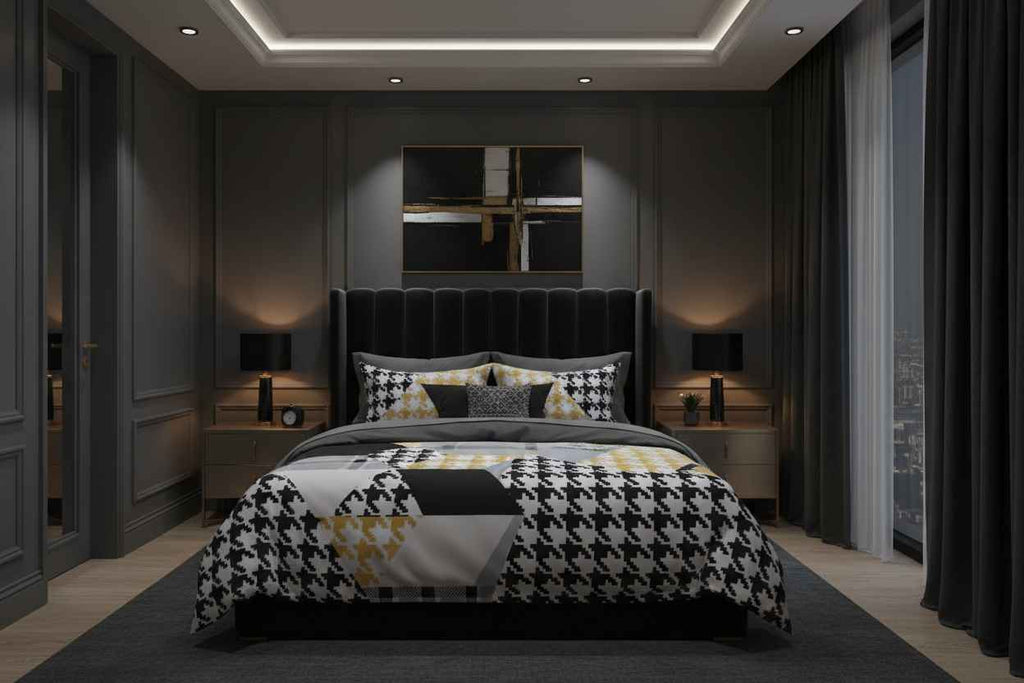 Double Bed Bedsheet – Houndstooth Patchwork | Black, White & Gold
