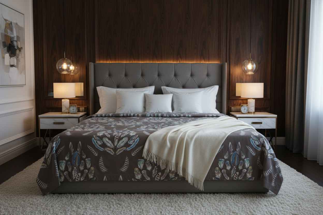 Feather Print Bedsheet Set — Taupe & Multicolour