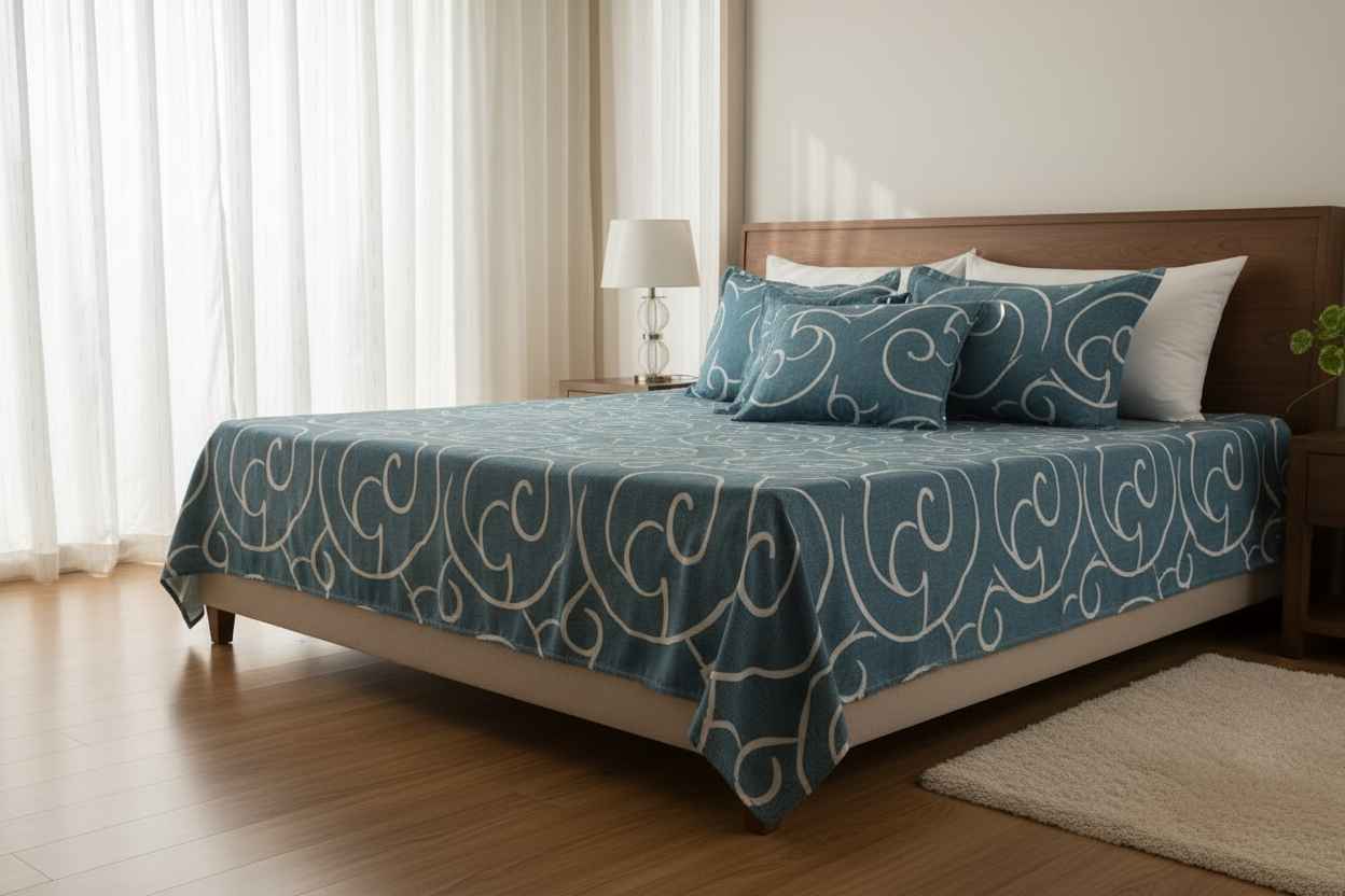 Teal Swirl Print Double Bedsheet with Pillow Covers