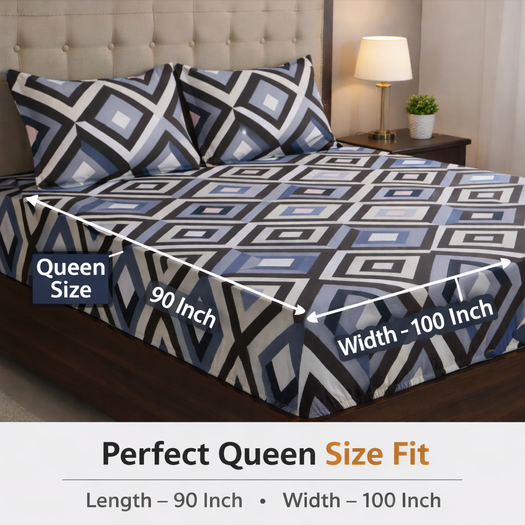 Fitted Elastic Queen Bedsheet with 2 Pillow Covers - Diamond Black White Blue Pin
