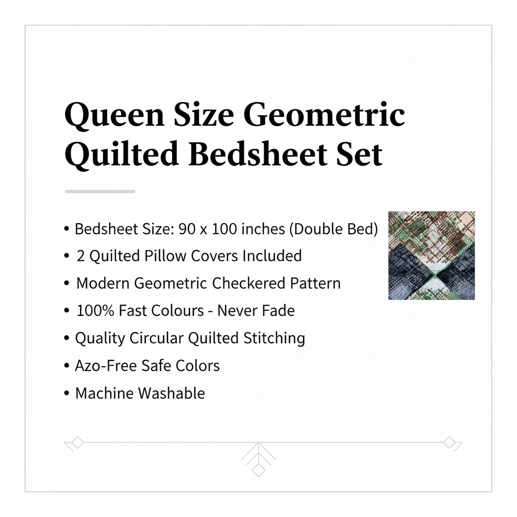 Queen Size Geometric Checkered Bed Sheet Set | 90x100 Inches | 2 Quilted Pillow Covers