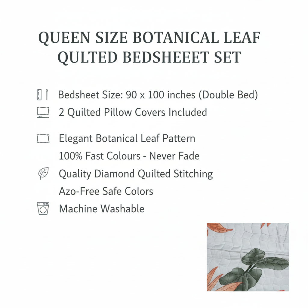 Queen Size Tropical Botanical Bed Sheet Set | 90x100 Inches | 2 Quilted Pillow Covers