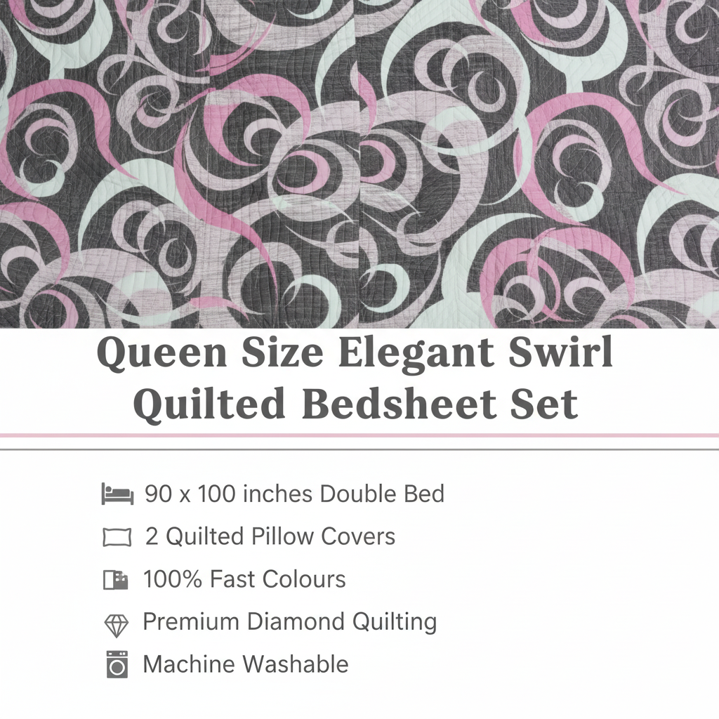 Queen Size Elegant Swirl Bed Sheet Set | 90x100 Inches | 2 Quilted Pillow Covers