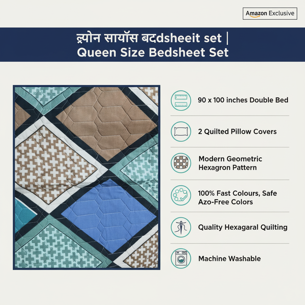 Queen Size Geometric Hexagon Bed Sheet Set | 90x100 Inches | 2 Quilted Pillow Covers