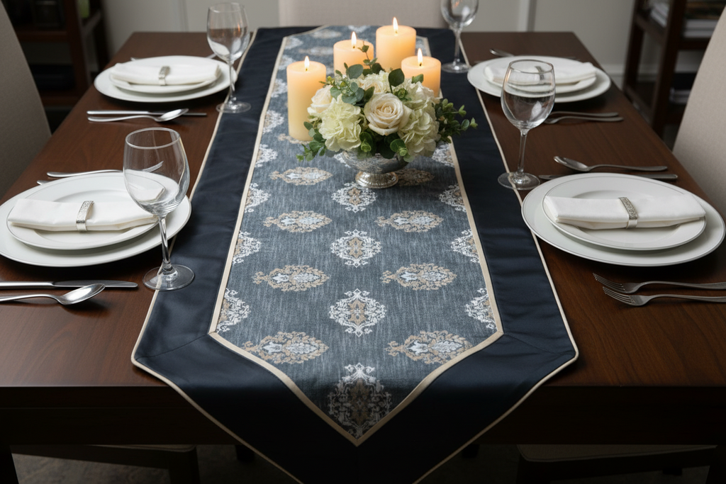 Royal Medallion Silk Table Runner | Navy Blue Jacquard with Satin Silk Finish