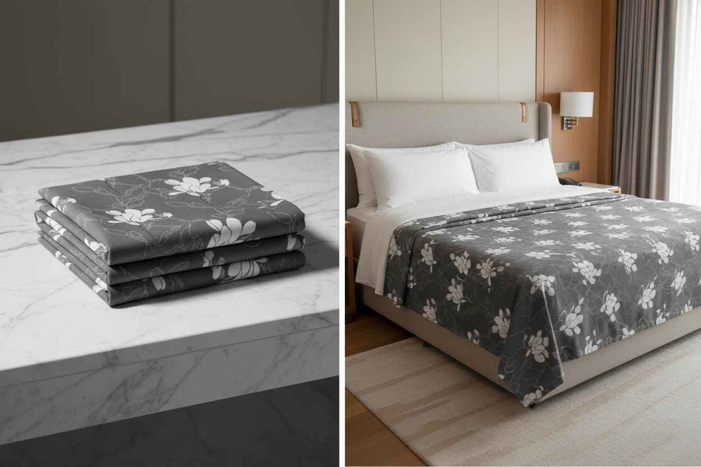 Charcoal Magnolia Floral Bedsheet Set — Dark Grey & White