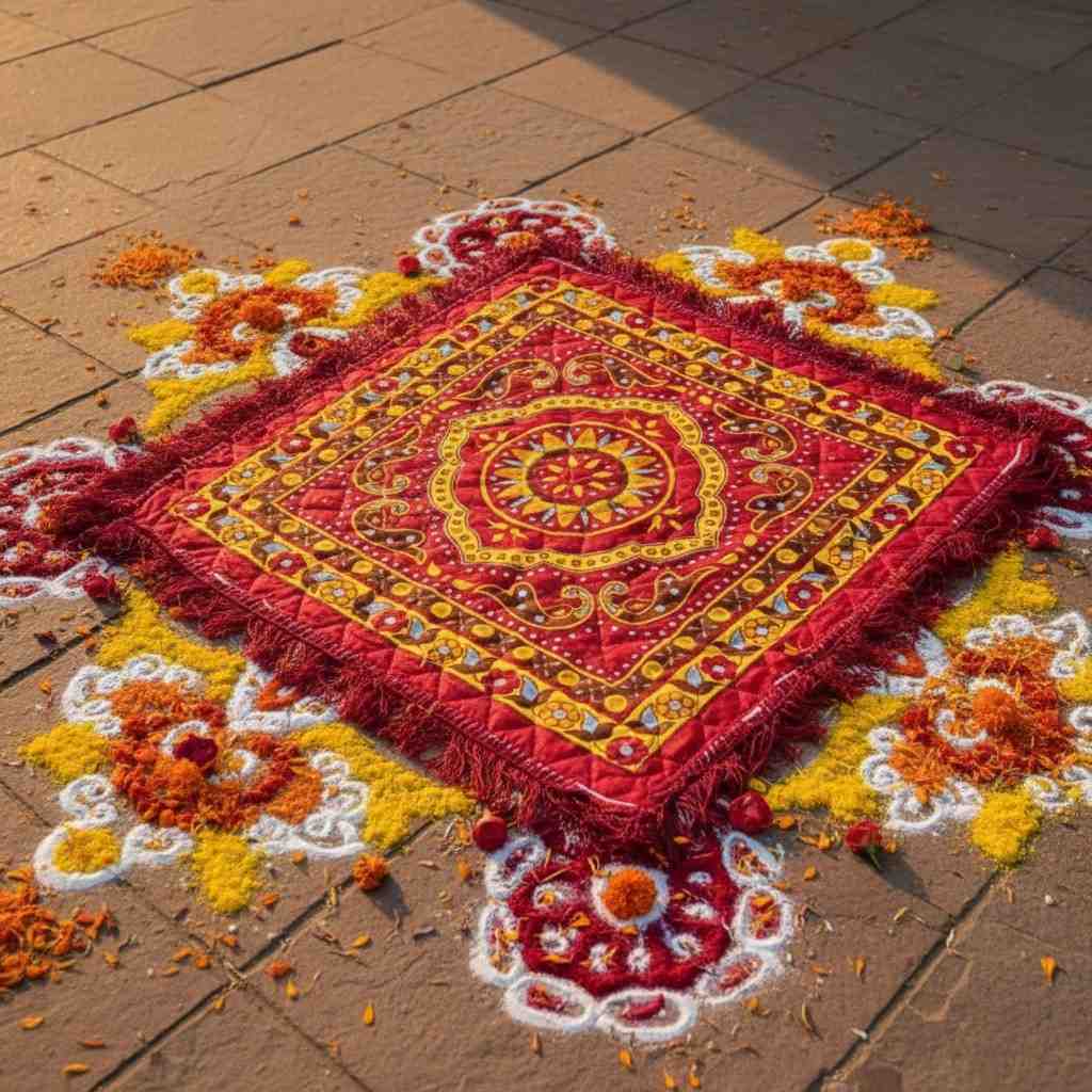 Puja Aasan | Velvet Quilted Sitting Mat | 24x24 Inch | Multicolour Set of 3 Pcs