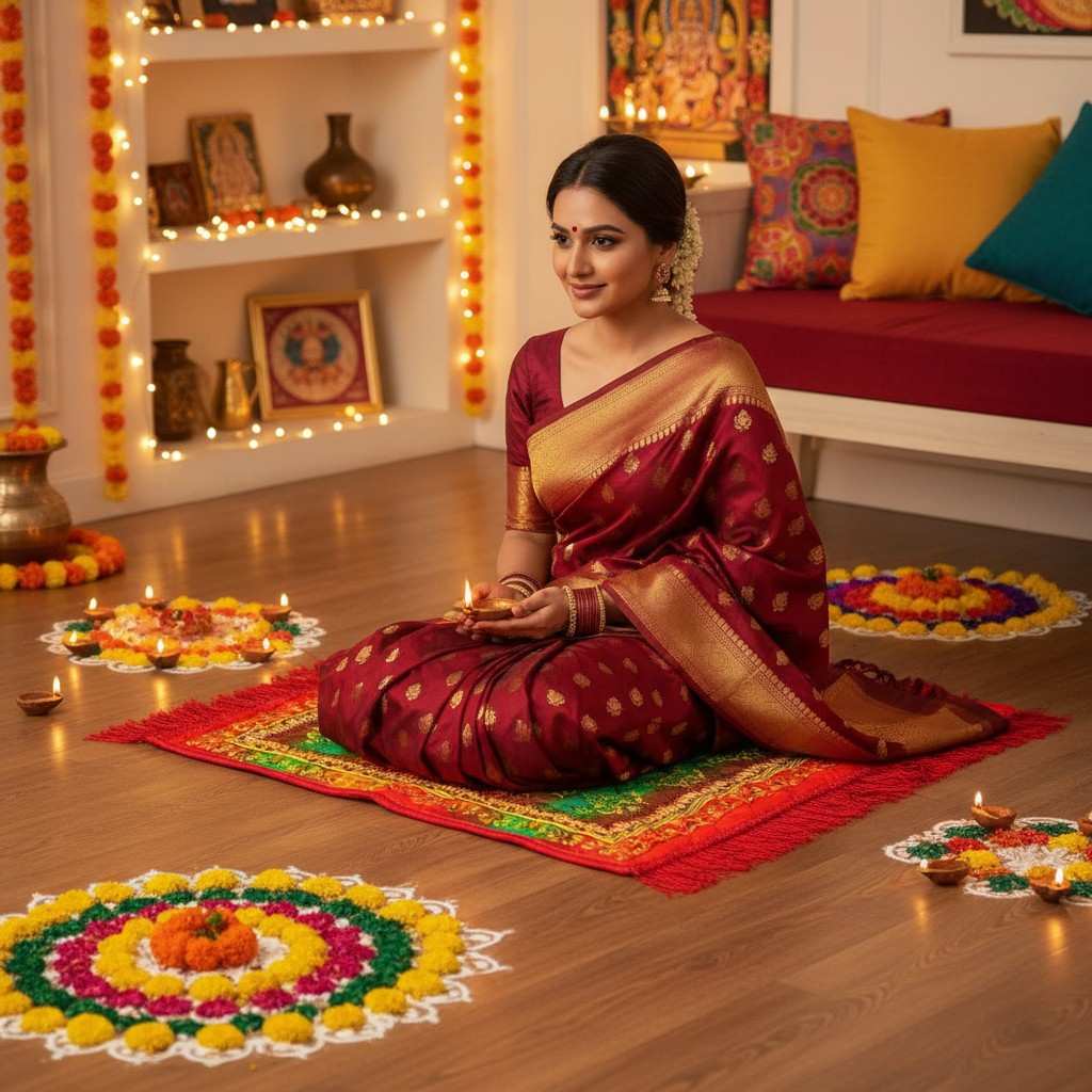 Puja Aasan | Velvet Quilted Sitting Mat | 24x24 Inch | Multicolour Set of 3 Pcs