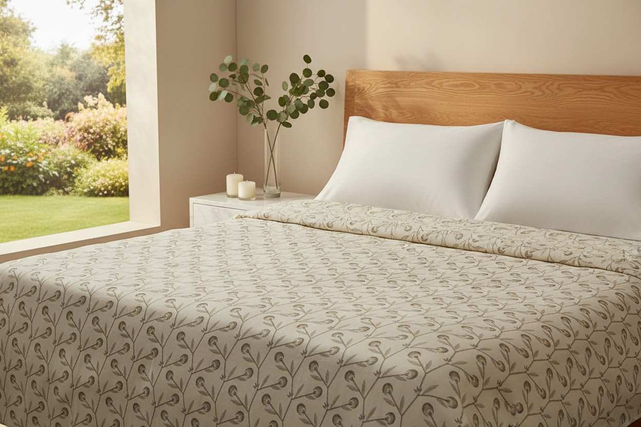 Dohar Double Bed | Trailing Vine & Poppy Bud Block Print | 100% Cotton