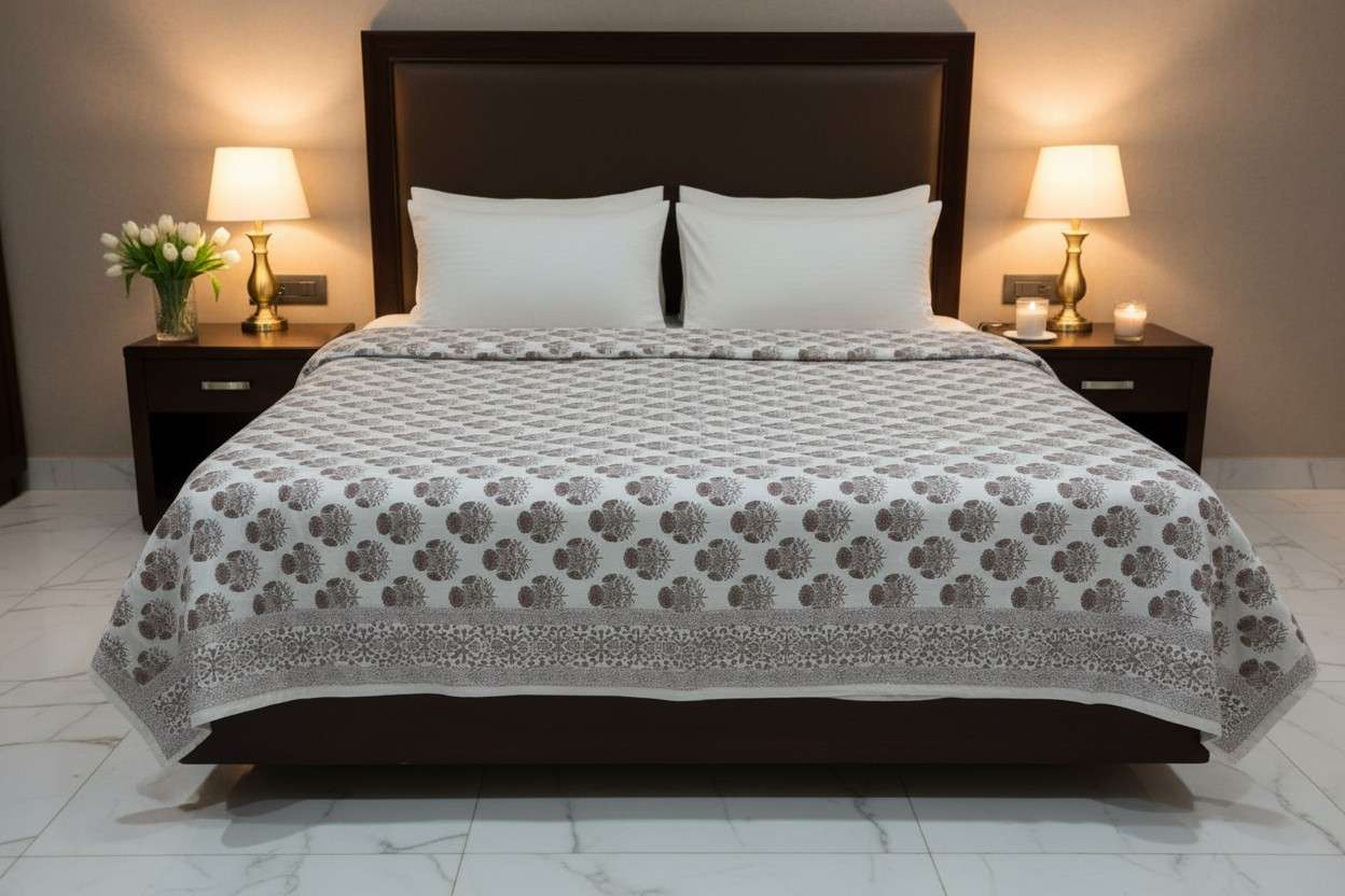 Dohar Double Bed  | Marigold Floral Block Print | AC Dohar | 100% Cotton
