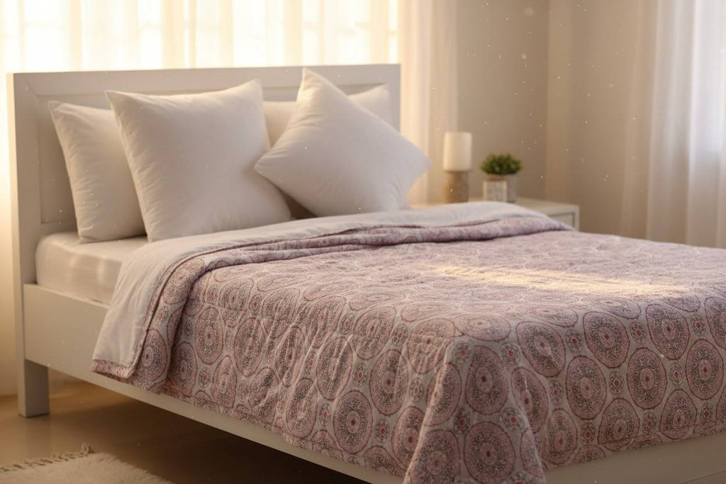 Dohar Single Bed | Blush Pink Medallion Print | AC Dohar | 100% Cotton (Set of 2 Pcs)