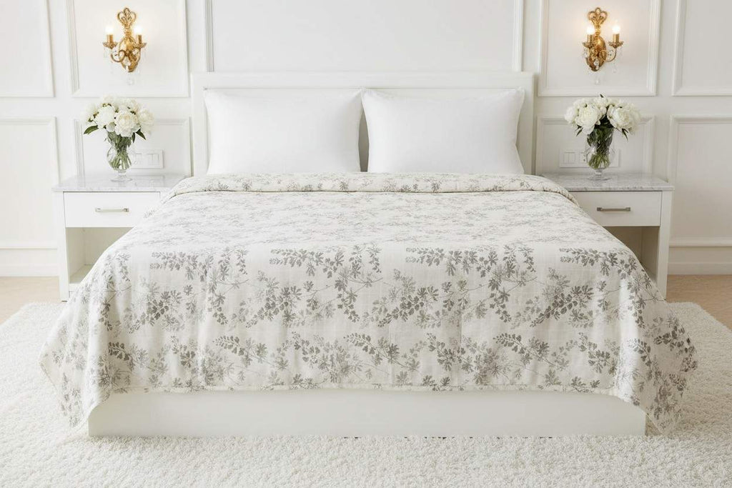 Dohar Double Bed | Silver Botanical Leaf & Vine Print | Reversible | 100% Cotton