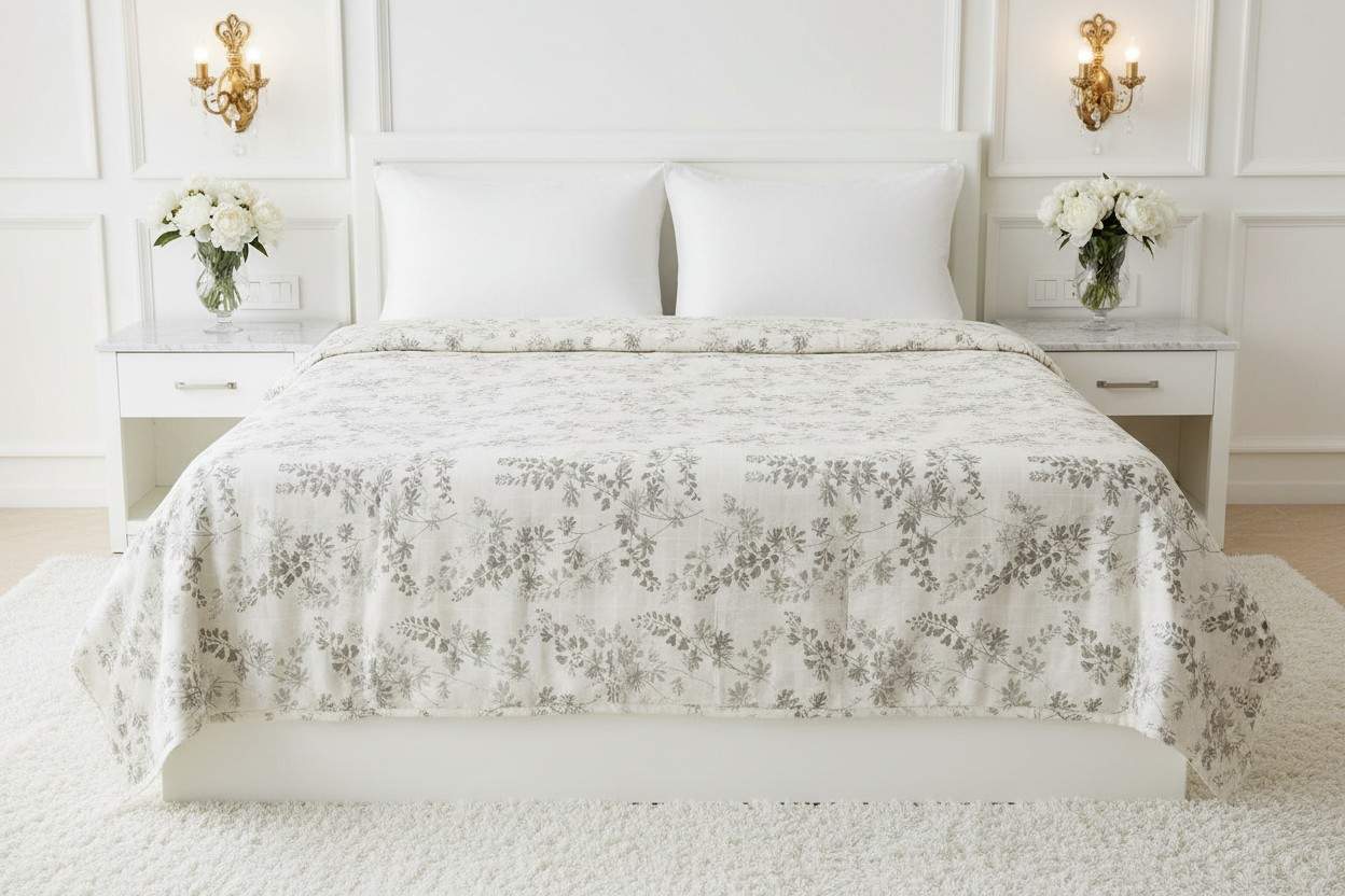 Dohar Double Bed | Silver Botanical Leaf & Vine Print | Reversible | 100% Cotton