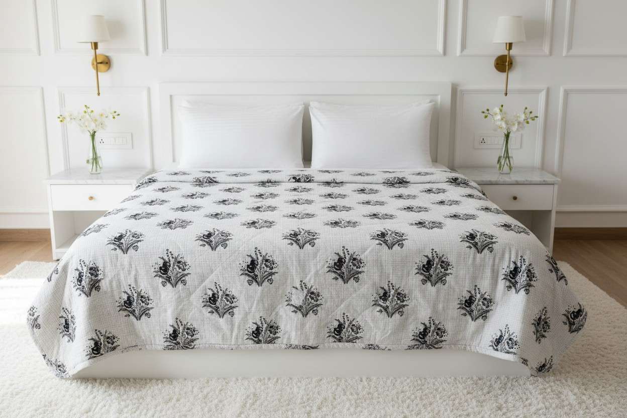 Dohar Double Bed| Mughal Floral Medallion Block Print | Reversible | 100% Cotton