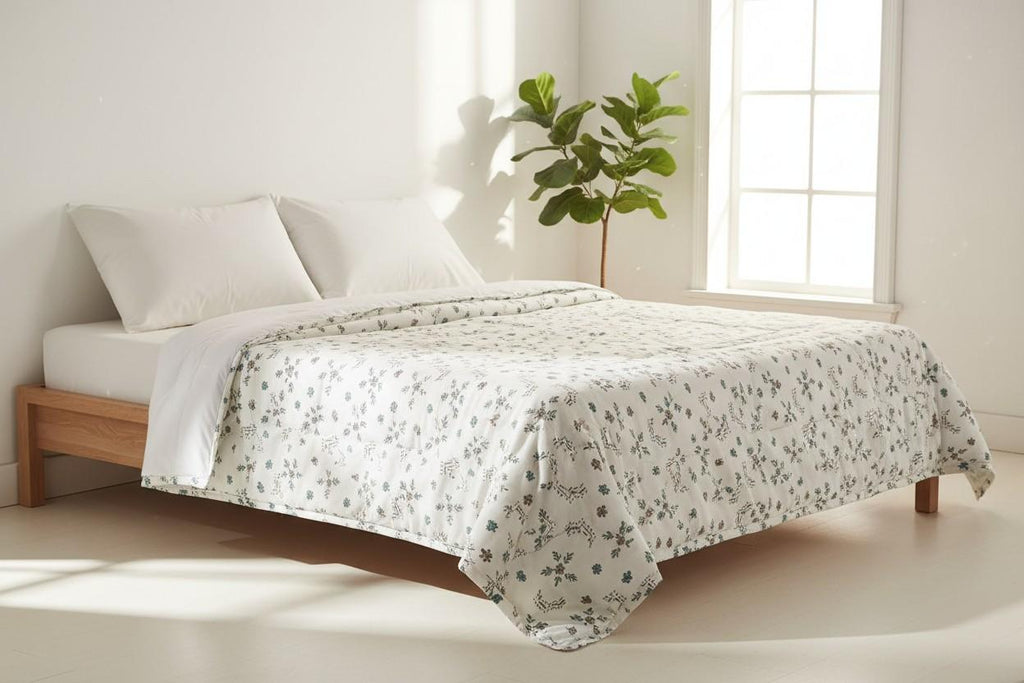 Dohar Double Bed | Teal Floral Bouquet & Geometric Print | 100% Cotton