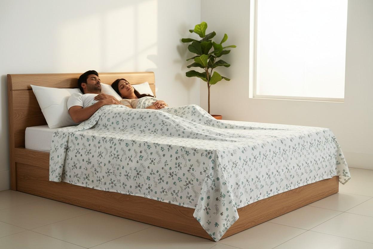 Dohar Double Bed | Teal Floral Bouquet & Geometric Print | 100% Cotton