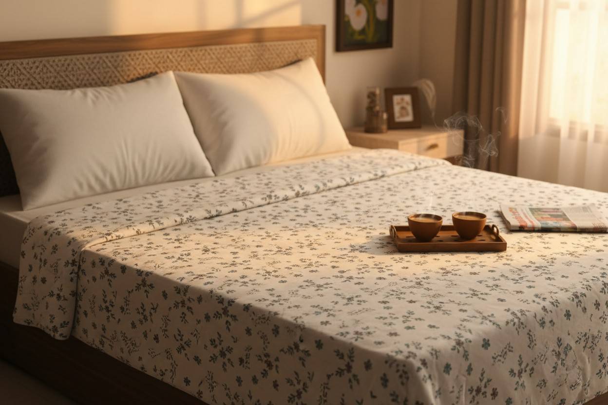 Dohar Double Bed | Teal Floral Bouquet & Geometric Print | 100% Cotton